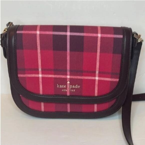 KATE SPADE PLAID SADDLE BAG "BLAKE" CROSSBODY PURSE BRIGHT ROSE RED & BLACK NEW! - Picture 7 of 8